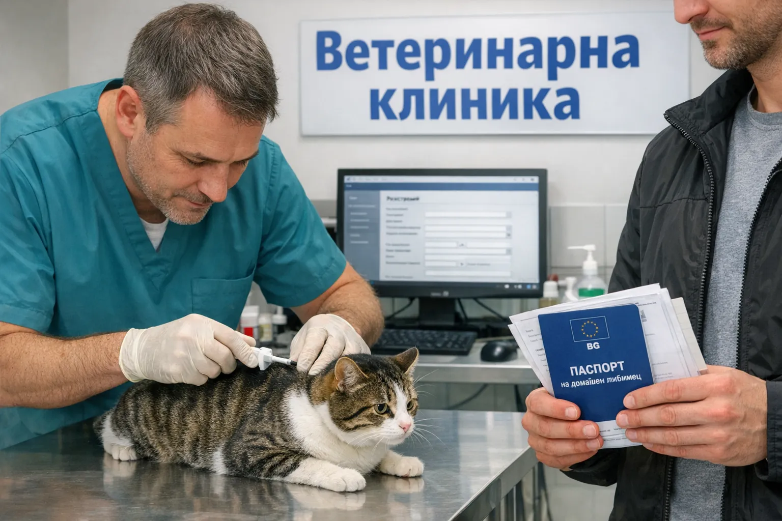 Ветеринарен лекар сканира микрочип на домашна котка за проверка на регистрация