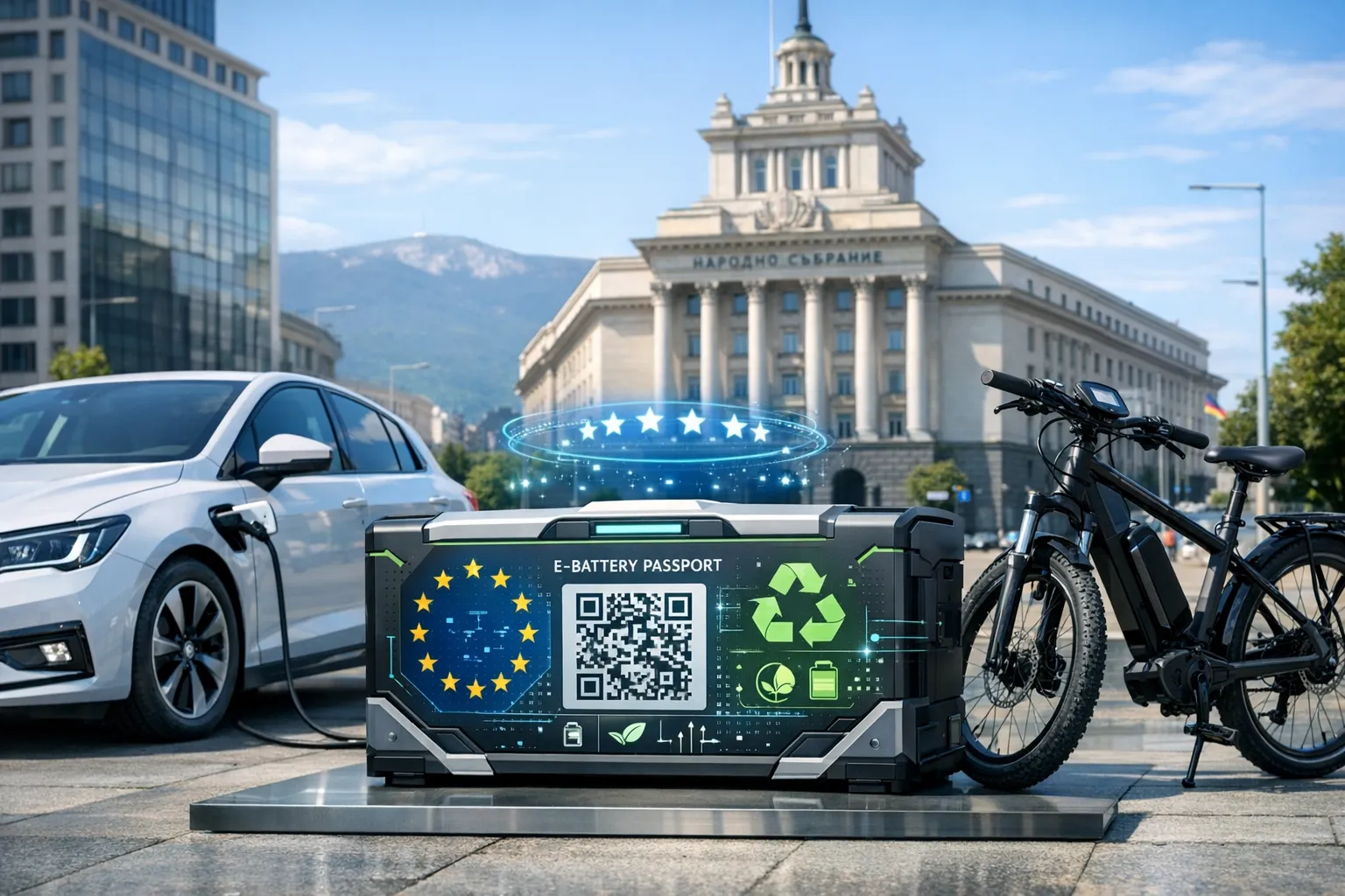 Илюстрация на Battery Passport в ЕС: QR код върху батерия на електромобил и информация за произход, състояние и рециклиране през 2026